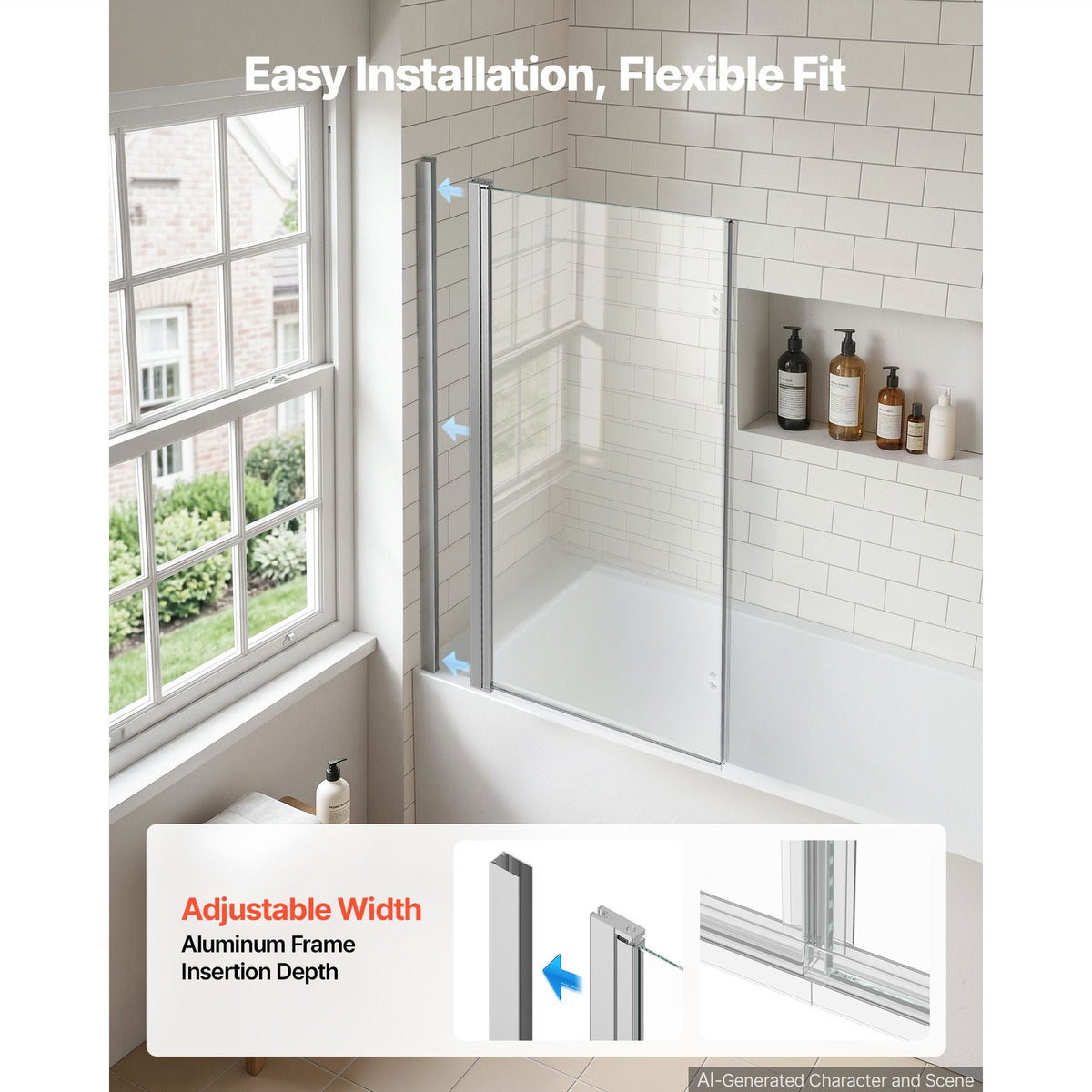 Bathtub Shower Door 47" W x 55" H Semi-Frameless Bi-Fold Tub Door, 1/4" Clear Tempered Glass, Easy-Clean Nano Coating, 180° Folding, Adjustable Sealing Strip, for Home Bathroom Tub, Silver