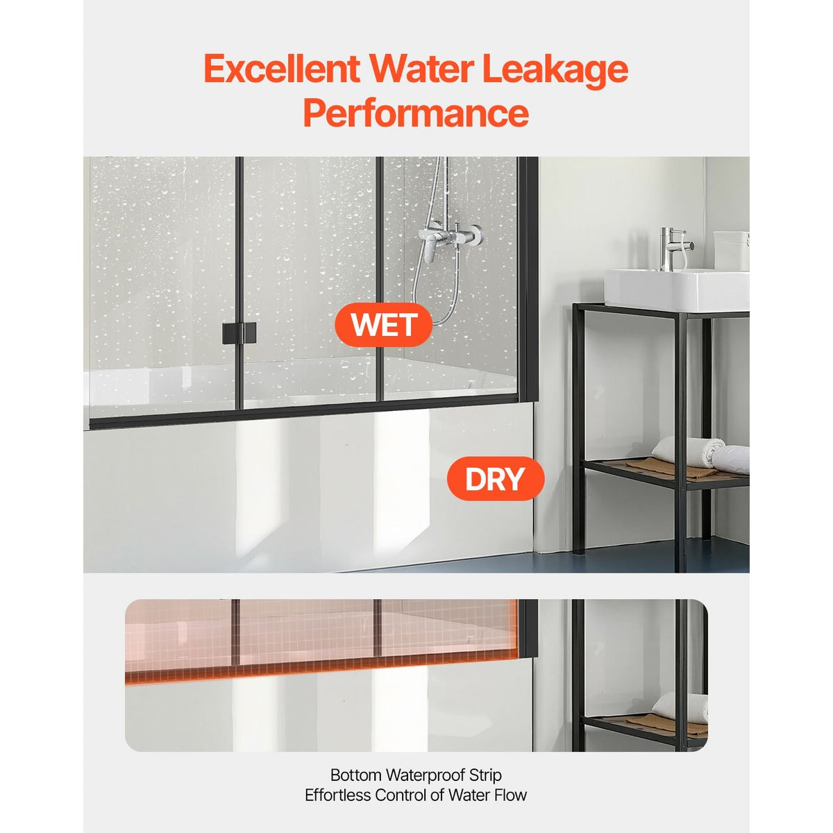 Bathtub Shower Door, 51 in. W x 56 in. H, Frameless Foldable Hinged Shower Door, Tri-Fold Shower Glass Door with 1/4 in Tempered Glass Door, 180°Rotating and Folding Design, for Bathtub, Black