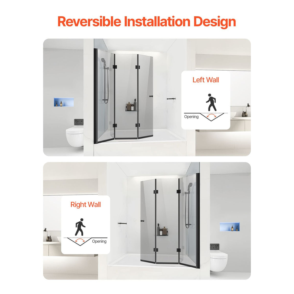Bathtub Shower Door, 51 in. W x 56 in. H, Frameless Foldable Hinged Shower Door, Tri-Fold Shower Glass Door with 1/4 in Tempered Glass Door, 180°Rotating and Folding Design, for Bathtub, Black