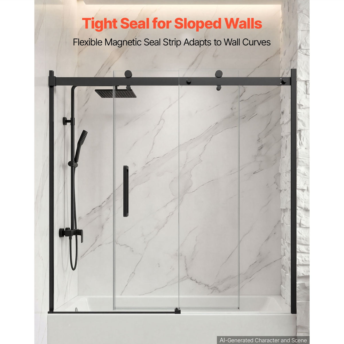 Bathtub Shower Door 60" W x 60" H Semi-Frameless Sliding Door Black, 5/16" Thick Clear Tempered Glass, Sliding Tub Shower Door with 2 Stainless Steel Handles, Nano Coating, for Bathroom Tubs