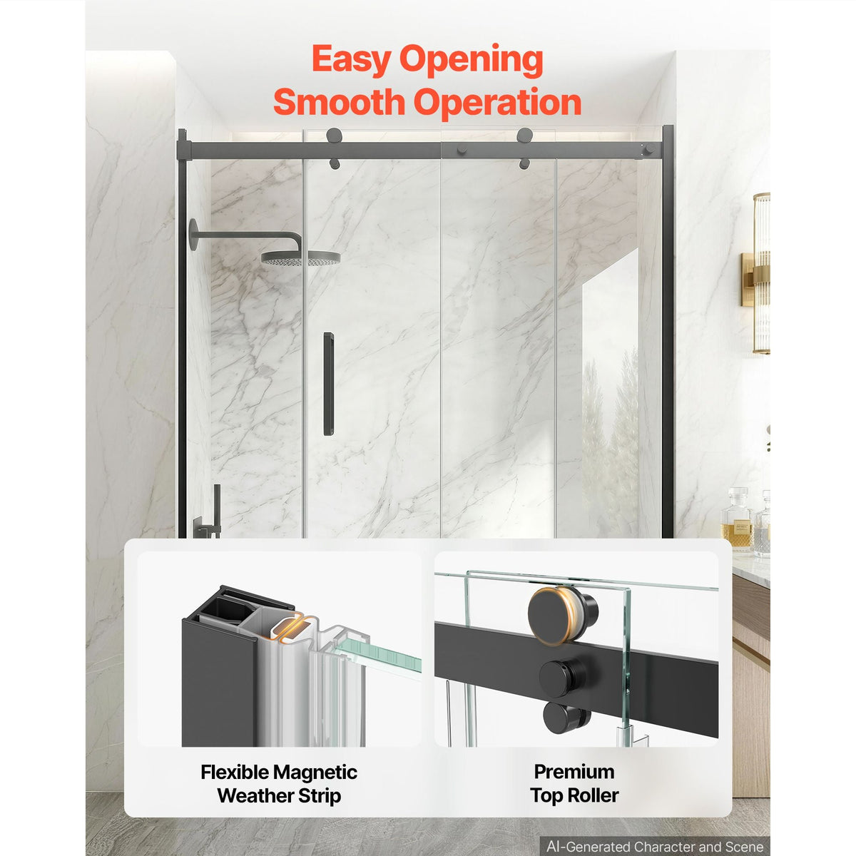 Bathtub Shower Door 60" W x 60" H Semi-Frameless Sliding Door Black, 5/16" Thick Clear Tempered Glass, Sliding Tub Shower Door with 2 Stainless Steel Handles, Nano Coating, for Bathroom Tubs