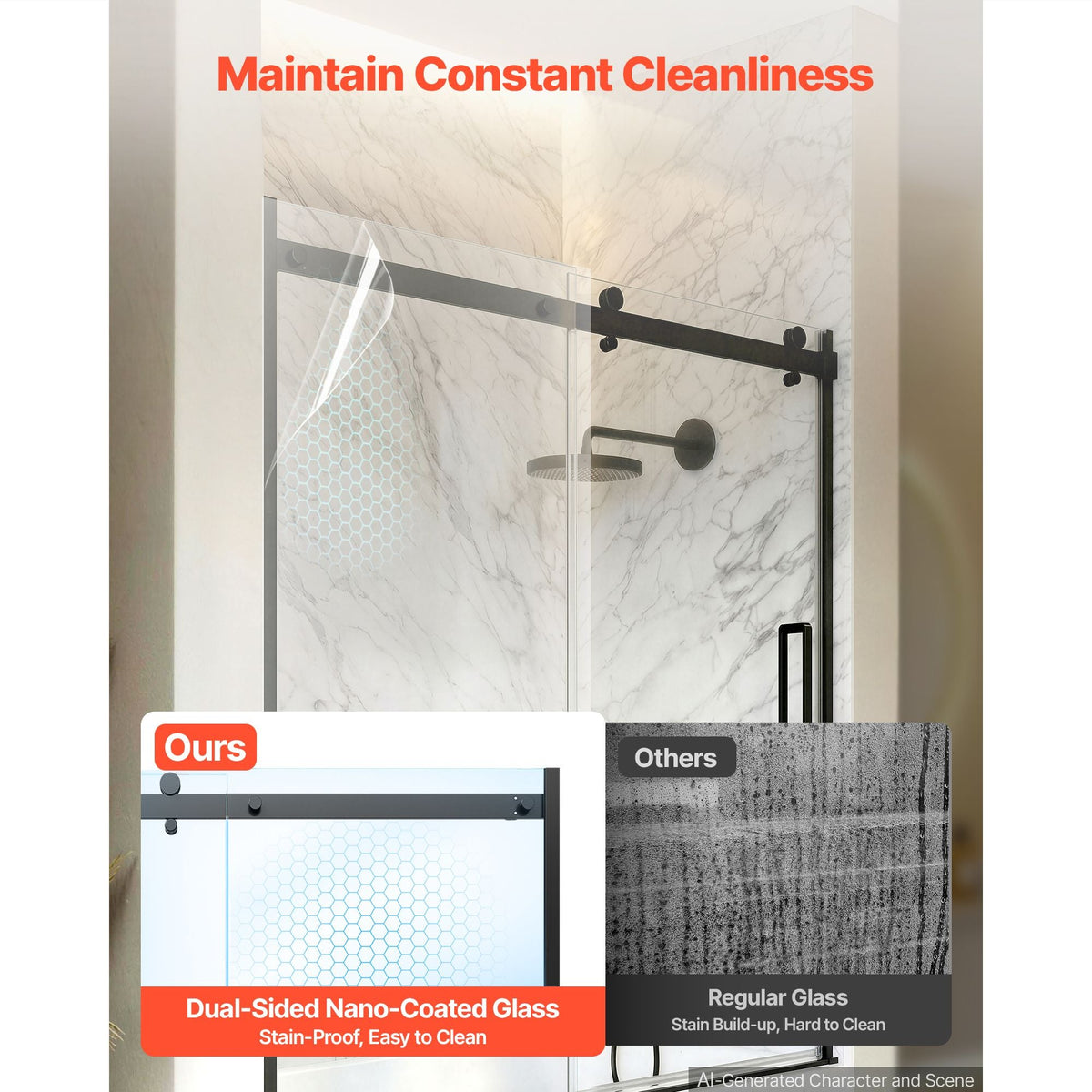 Bathtub Shower Door 60" W x 60" H Semi-Frameless Sliding Door Black, 5/16" Thick Clear Tempered Glass, Sliding Tub Shower Door with 2 Stainless Steel Handles, Nano Coating, for Bathroom Tubs