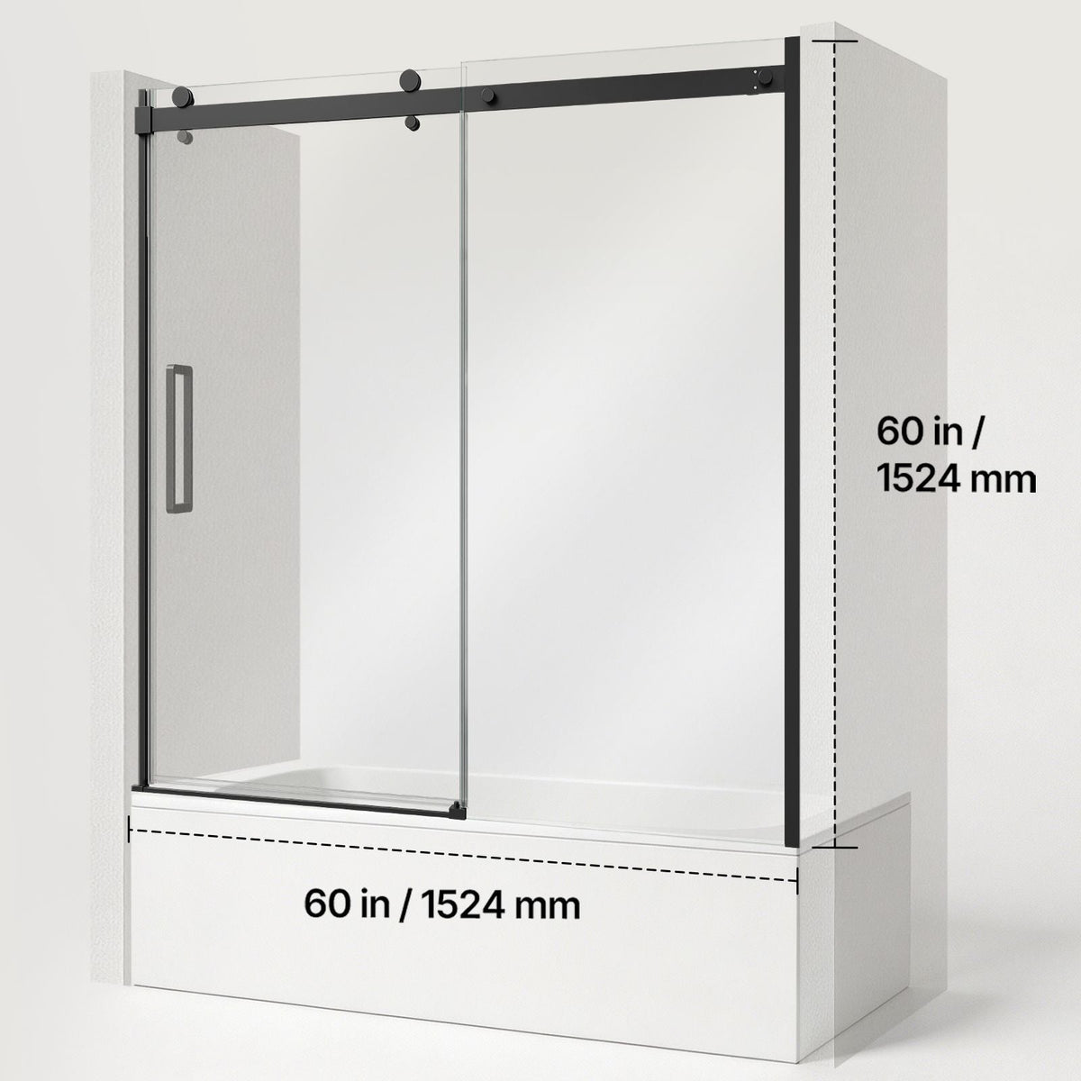 Bathtub Shower Door 60" W x 60" H Semi-Frameless Sliding Door Black, 5/16" Thick Clear Tempered Glass, Sliding Tub Shower Door with 2 Stainless Steel Handles, Nano Coating, for Bathroom Tubs