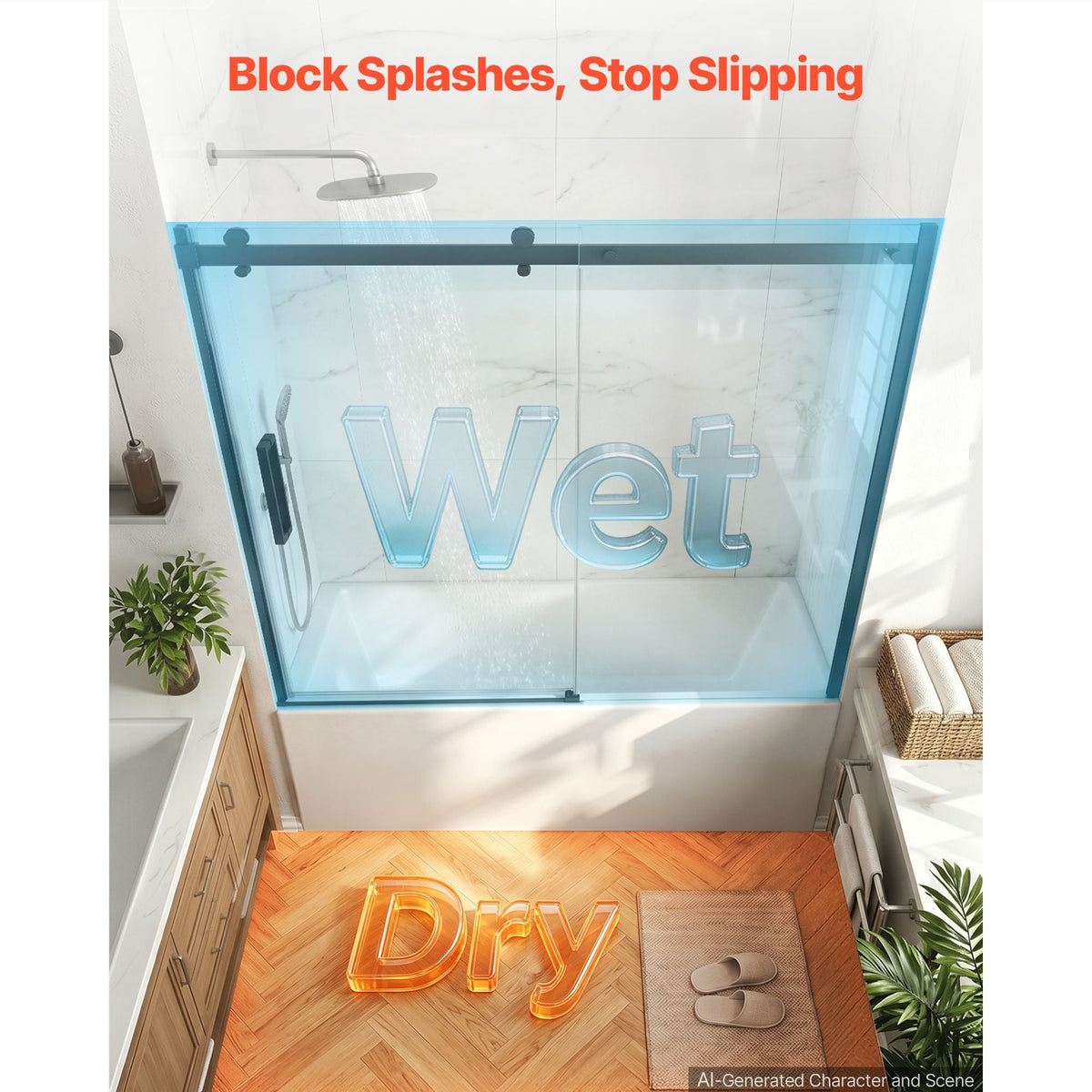 Bathtub Shower Door 60" W x 60" H Semi-Frameless Sliding Door Black, 5/16" Thick Clear Tempered Glass, Sliding Tub Shower Door with 2 Stainless Steel Handles, Nano Coating, for Bathroom Tubs