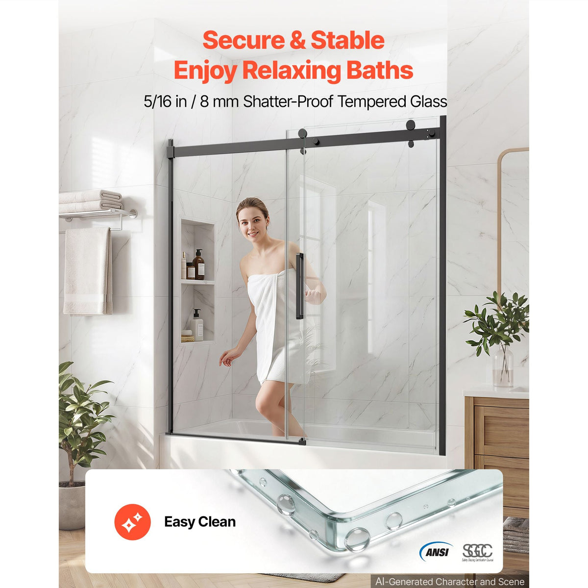 Bathtub Shower Door 60" W x 60" H Semi-Frameless Sliding Door Black, 5/16" Thick Clear Tempered Glass, Sliding Tub Shower Door with 2 Stainless Steel Handles, Nano Coating, for Bathroom Tubs