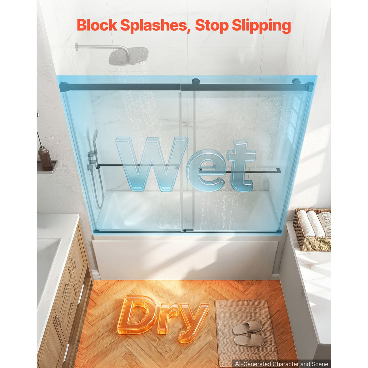 Bathtub Shower Door 60"W x 60"H Frameless Bypass Sliding Doors Black, 5/16" Clear Tempered Glass, Double Sliding Tub Shower Doors with 2 Stainless Steel Handles, Nano Coating, for Bathroom Tubs