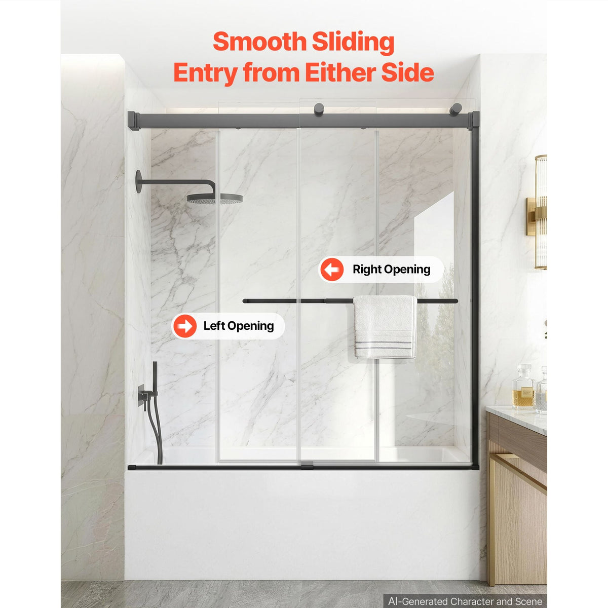 Bathtub Shower Door 60"W x 60"H Frameless Bypass Sliding Doors Black, 5/16" Clear Tempered Glass, Double Sliding Tub Shower Doors with 2 Stainless Steel Handles, Nano Coating, for Bathroom Tubs
