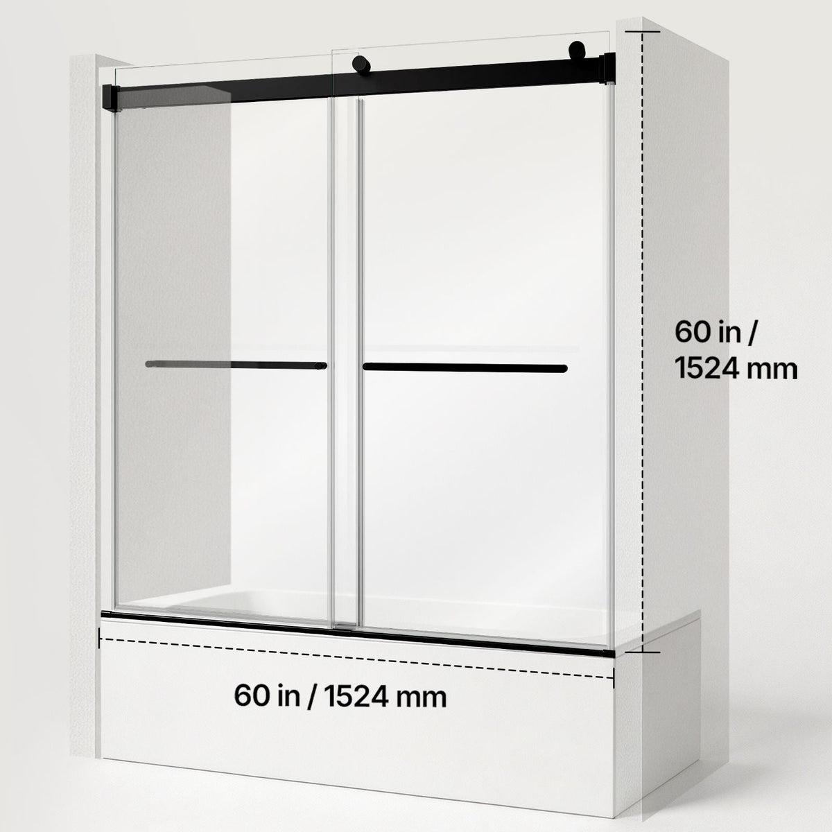 Bathtub Shower Door 60"W x 60"H Frameless Bypass Sliding Doors Black, 5/16" Clear Tempered Glass, Double Sliding Tub Shower Doors with 2 Stainless Steel Handles, Nano Coating, for Bathroom Tubs