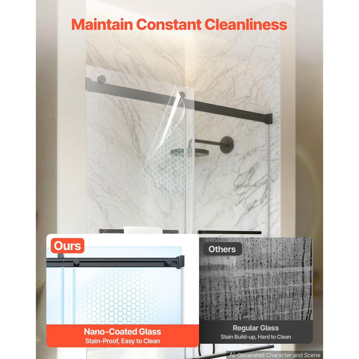 Bathtub Shower Door 60"W x 60"H Frameless Bypass Sliding Doors Black, 5/16" Clear Tempered Glass, Double Sliding Tub Shower Doors with 2 Stainless Steel Handles, Nano Coating, for Bathroom Tubs