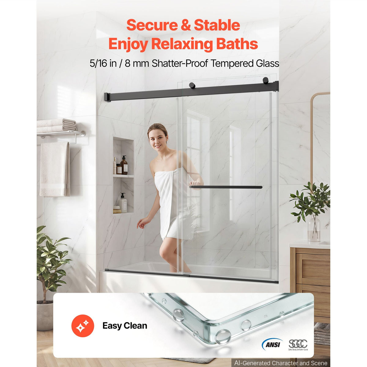 Bathtub Shower Door 60"W x 60"H Frameless Bypass Sliding Doors Black, 5/16" Clear Tempered Glass, Double Sliding Tub Shower Doors with 2 Stainless Steel Handles, Nano Coating, for Bathroom Tubs