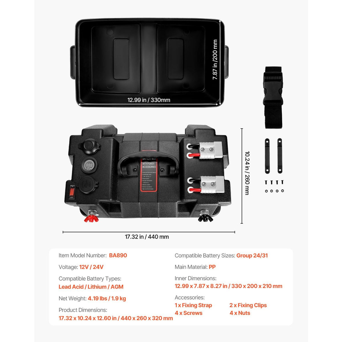 Battery Box, Group 24/31 Trolling Motor Battery Box, 12V/24V Marine Batteries Case with PP Shell and Dual Straps, Smart Batteries Case, Suitable for Trolling Motor, Marine,RV & Solar Panel