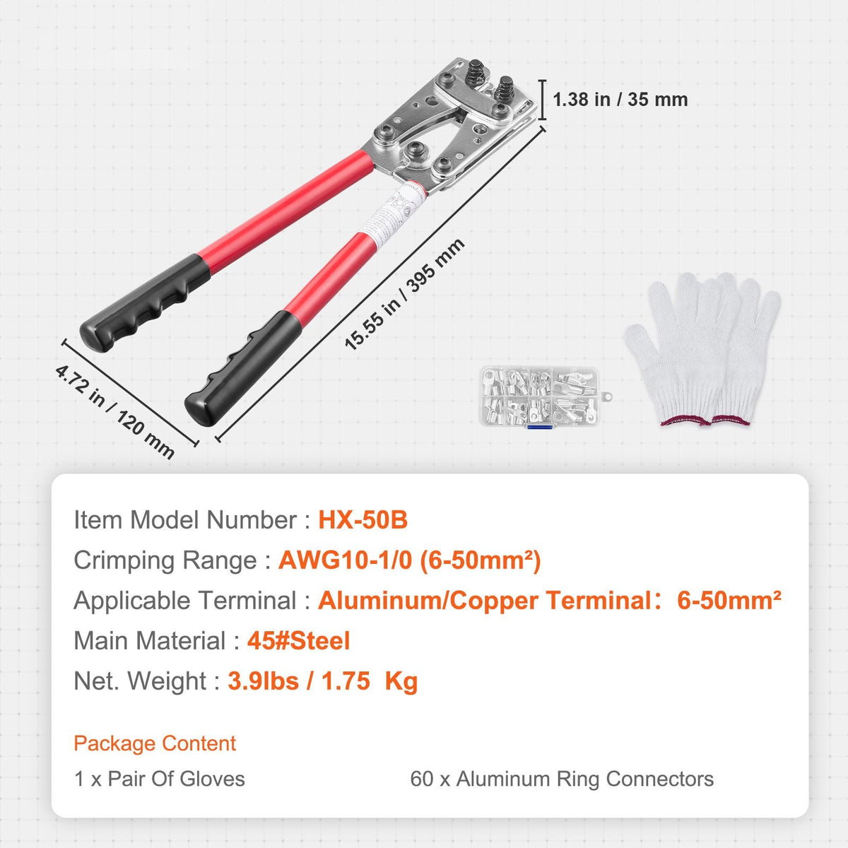 Battery Cable Lug Crimping Tool, 10-1/0 AWG with Heavy Duty Wire Lugs, with 60PCS Aluminum Ring Connectors Terminals 6 Wire Sizes Crimping Die Aluminum Terminal Battery Lug Crimper