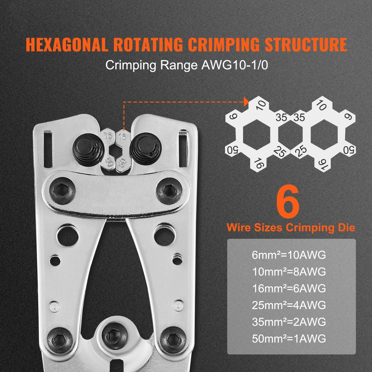 Battery Cable Lug Crimping Tool, 10-1/0 AWG with Heavy Duty Wire Lugs, with 60PCS Aluminum Ring Connectors Terminals 6 Wire Sizes Crimping Die Aluminum Terminal Battery Lug Crimper
