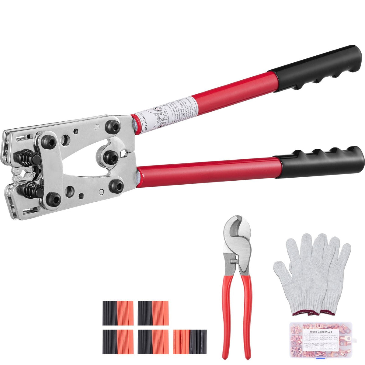 Battery Cable Lug Crimping Tool, 10-1/0AWG with Cable Cutter and 48PCS Copper Ring Terminals, 6 Wire Sizes Crimping Die and 100pcs Heat Shrink Tubes, for Heavy Duty Wire Lugs