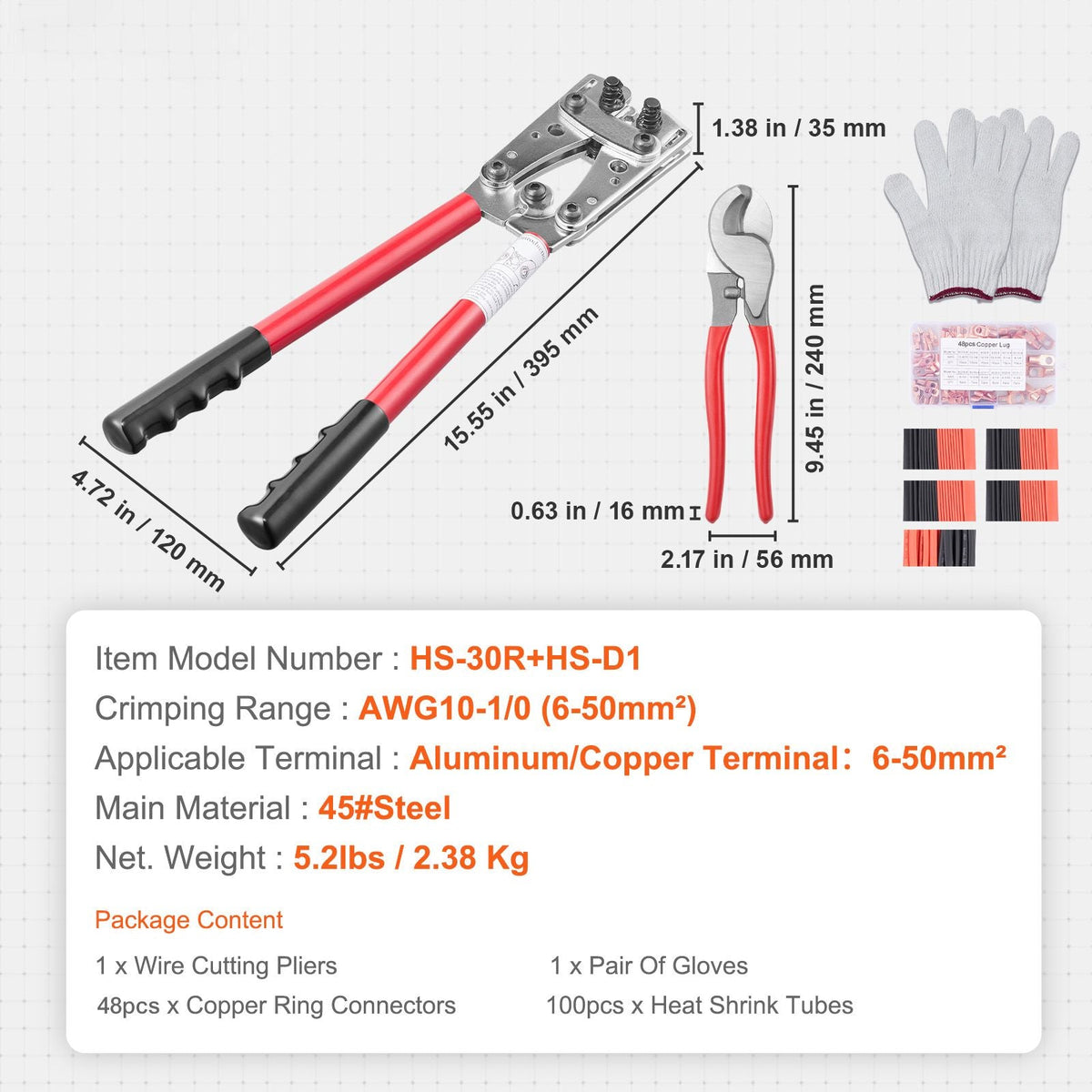 Battery Cable Lug Crimping Tool, 10-1/0AWG with Cable Cutter and 48PCS Copper Ring Terminals, 6 Wire Sizes Crimping Die and 100pcs Heat Shrink Tubes, for Heavy Duty Wire Lugs