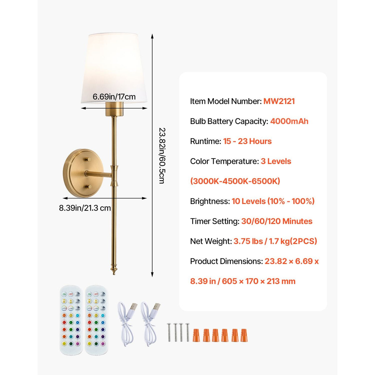 Battery Operated Wall Sconce Set of 2, 4000mAh Rechargeable Wireless Wall Lights with Remote Control, 30 Lighting Modes, 12 RGB Colors & Timer, Dimmable Wall Lamp for Living Room Bedroom Hallway