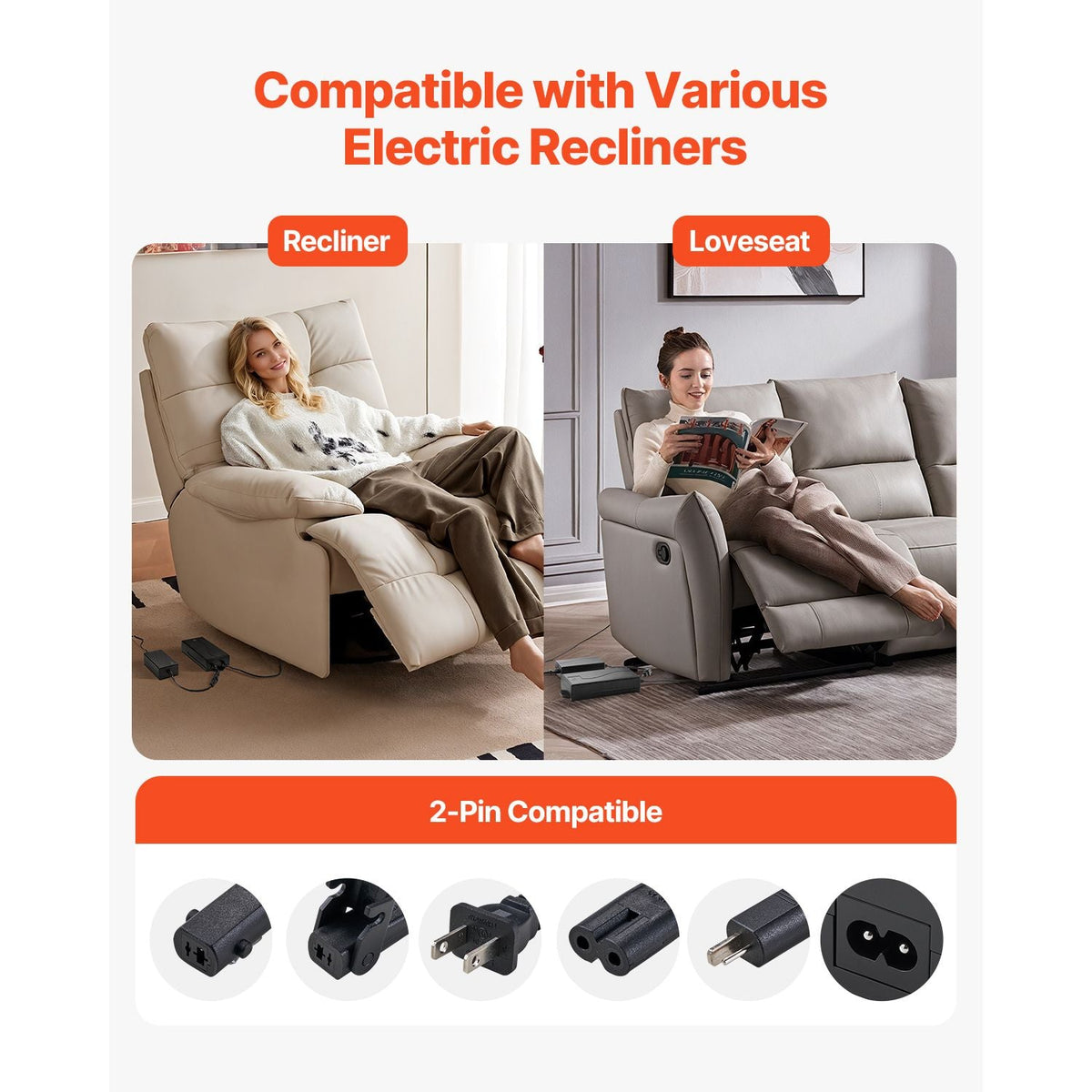 Battery Pack for Reclining Furniture with Adapter, 2500 mAh Rechargeable Recliner Battery Pack with Universal 2-Pin Connector and LED Screen, for Electric Recliner, Sofa, Couch & Lift Chair