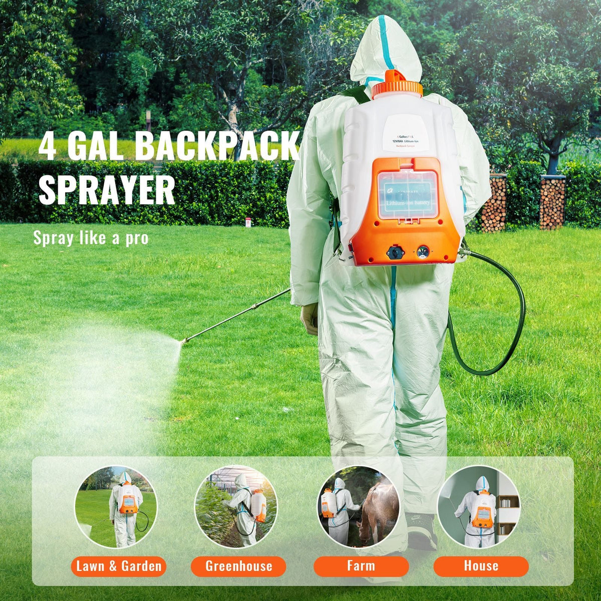 Battery Powered Backpack Sprayer, 0-90 PSI Adjustable Pressure, 4 Gallon Tank, Back Pack Sprayer with 8 Nozzles and 2 Wands, 12V 8Ah Battery, Wide Mouth Lid for Weeding, Spraying, Cleaning