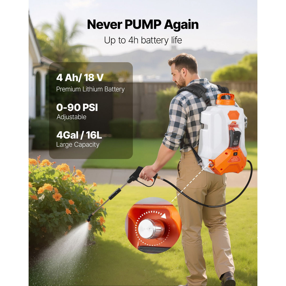 Battery Powered Backpack Sprayer, 4 Gallons Electric Backpack Sprayer, 2 Wands & 8 Nozzles, Adjustable 0-90 PSI, 4H Runtime, Portable Yard Garden Lawn Sprayers for Weeding Spraying Cleaning