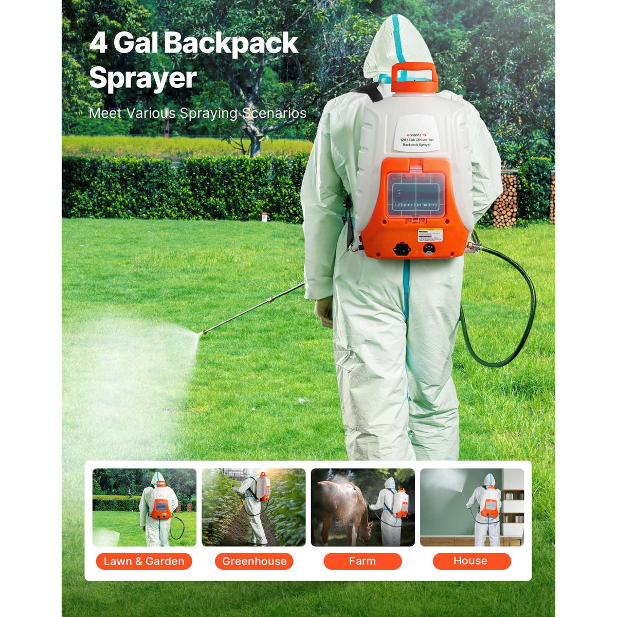 Battery Powered Backpack Sprayer, 4 Gallons Electric Lawn Sprayer with 8 Nozzles & 2 Telescopic Wands, 90PSI Adjustable Pressure, 4-6 Hour Runtime, Yard Sprayers for Lawn and Garden