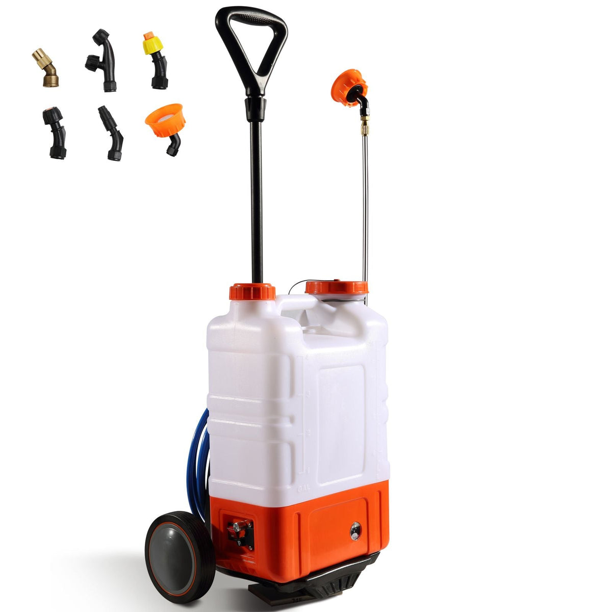 Battery Powered Backpack Sprayer with Cart, 0-94 PSI Adjustable Pressure, 4 Gallon Tank on Wheels, with 8 Nozzles and 2 Wands, 12V 7.2Ah Battery, Wide Mouth Lid for Weeding, Spraying, Cleaning