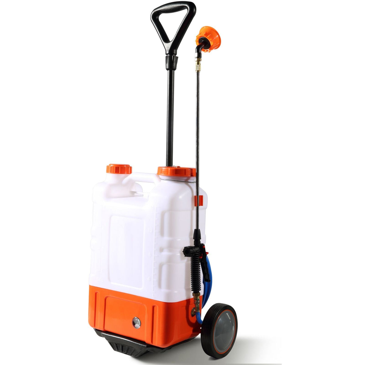 Battery Powered Backpack Sprayer with Cart, 0-94 PSI Adjustable Pressure, 4 Gallon Tank on Wheels, with 8 Nozzles and 2 Wands, 12V 7.2Ah Battery, Wide Mouth Lid for Weeding, Spraying, Cleaning