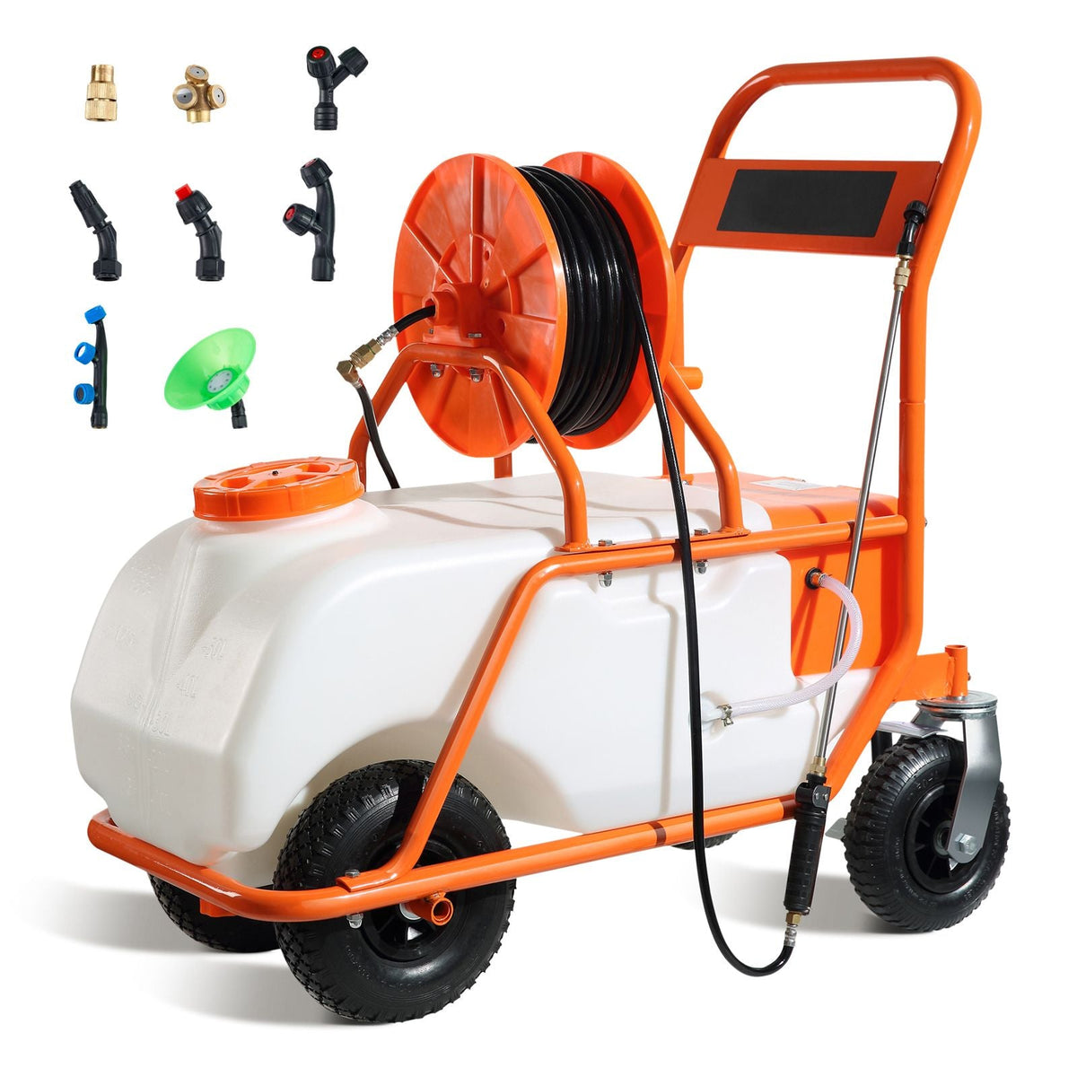 Battery Powered Lawn Sprayer on Wheel, 0-90 PSI Adjustable Pressure, 15 Gallon Tank, Cart Sprayer with 8 Nozzles and 2 Wands, 12V 12Ah Battery, Wide Mouth Lid for Weeding, Spraying