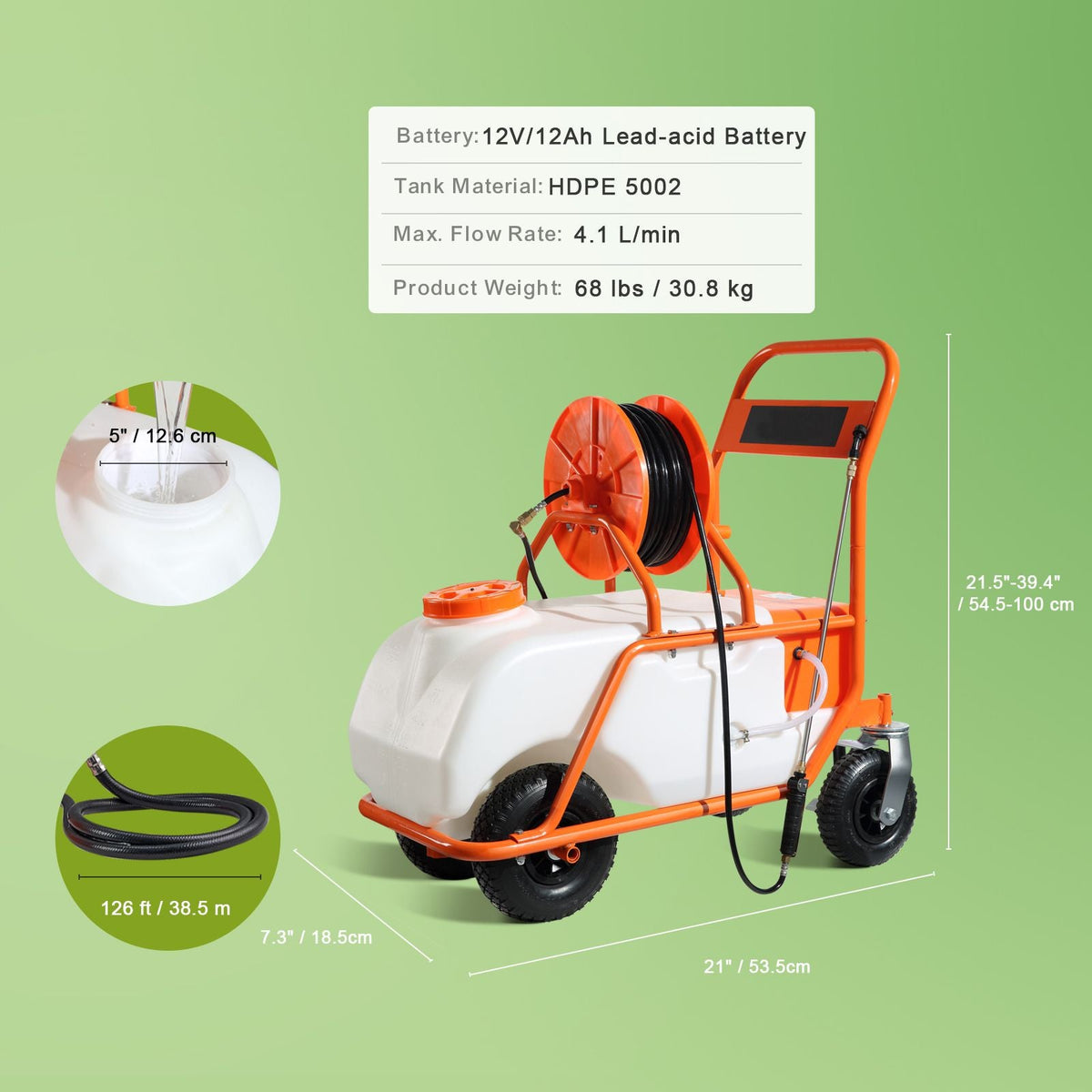 Battery Powered Lawn Sprayer on Wheel, 0-90 PSI Adjustable Pressure, 15 Gallon Tank, Cart Sprayer with 8 Nozzles and 2 Wands, 12V 12Ah Battery, Wide Mouth Lid for Weeding, Spraying