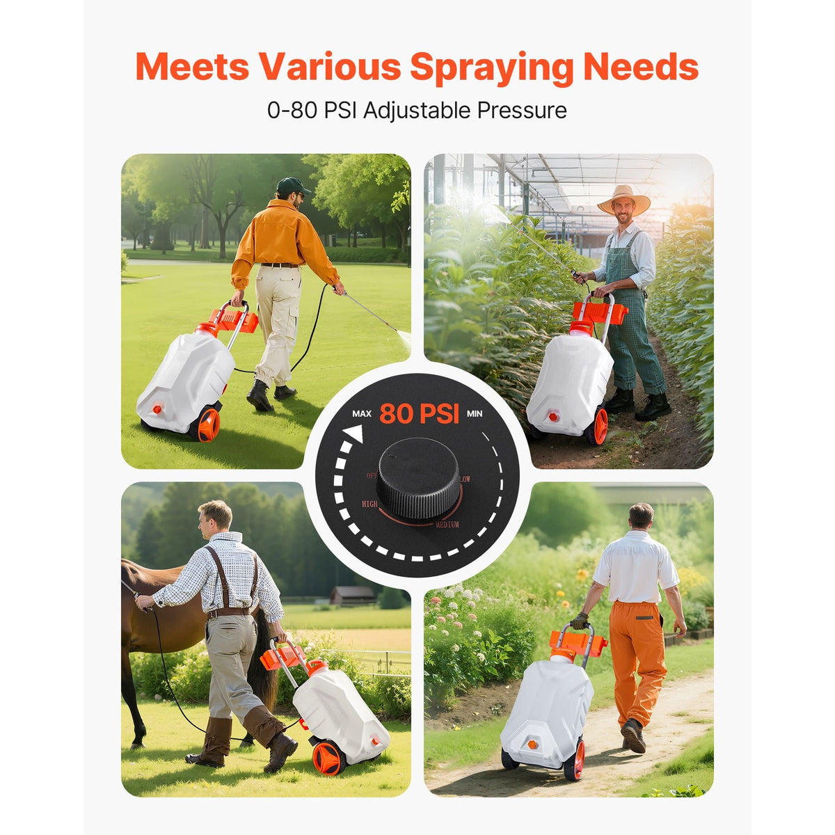 Battery-Powered Sprayer with Wheeled Cart, 10 Gallons Electric Weed Sprayer, Adjustable 0-80 PSI, Yard Lawn Sprayers with Wheels, 5 Nozzles & 98ft Hose, 3-6H Spray Time, for Weeding, Cleaning