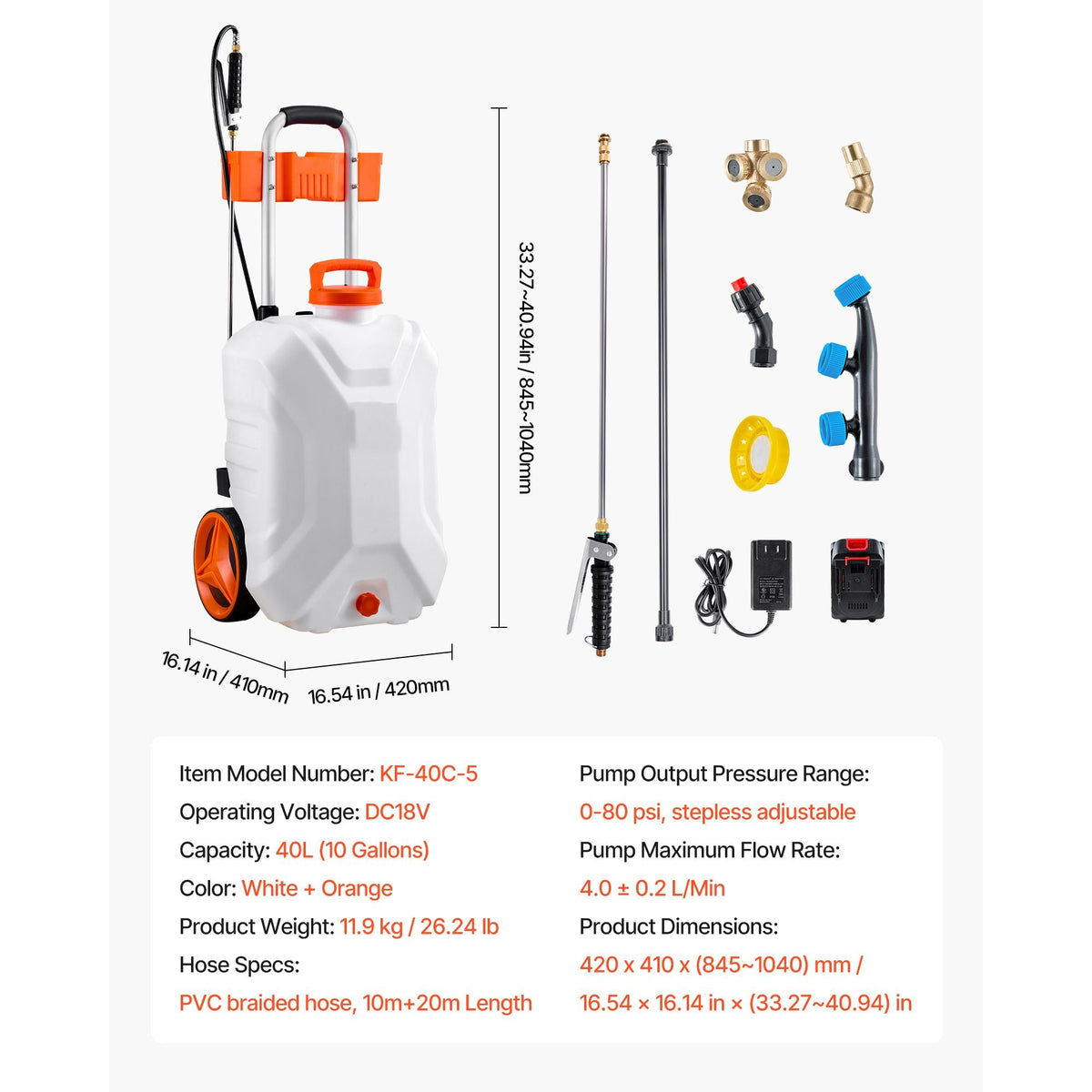 Battery-Powered Sprayer with Wheeled Cart, 10 Gallons Electric Weed Sprayer, Adjustable 0-80 PSI, Yard Lawn Sprayers with Wheels, 5 Nozzles & 98ft Hose, 3-6H Spray Time, for Weeding, Cleaning