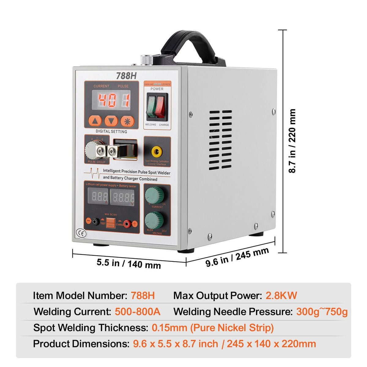 Battery Spot Welder, 788H Pulse Spot Welder & Battery Charger, Portable High-Power Battery Welding Machine with 2 Welding Modes and LED Lighting for 0.15mm Pure Nickel, 18650 14500 Battery Packs