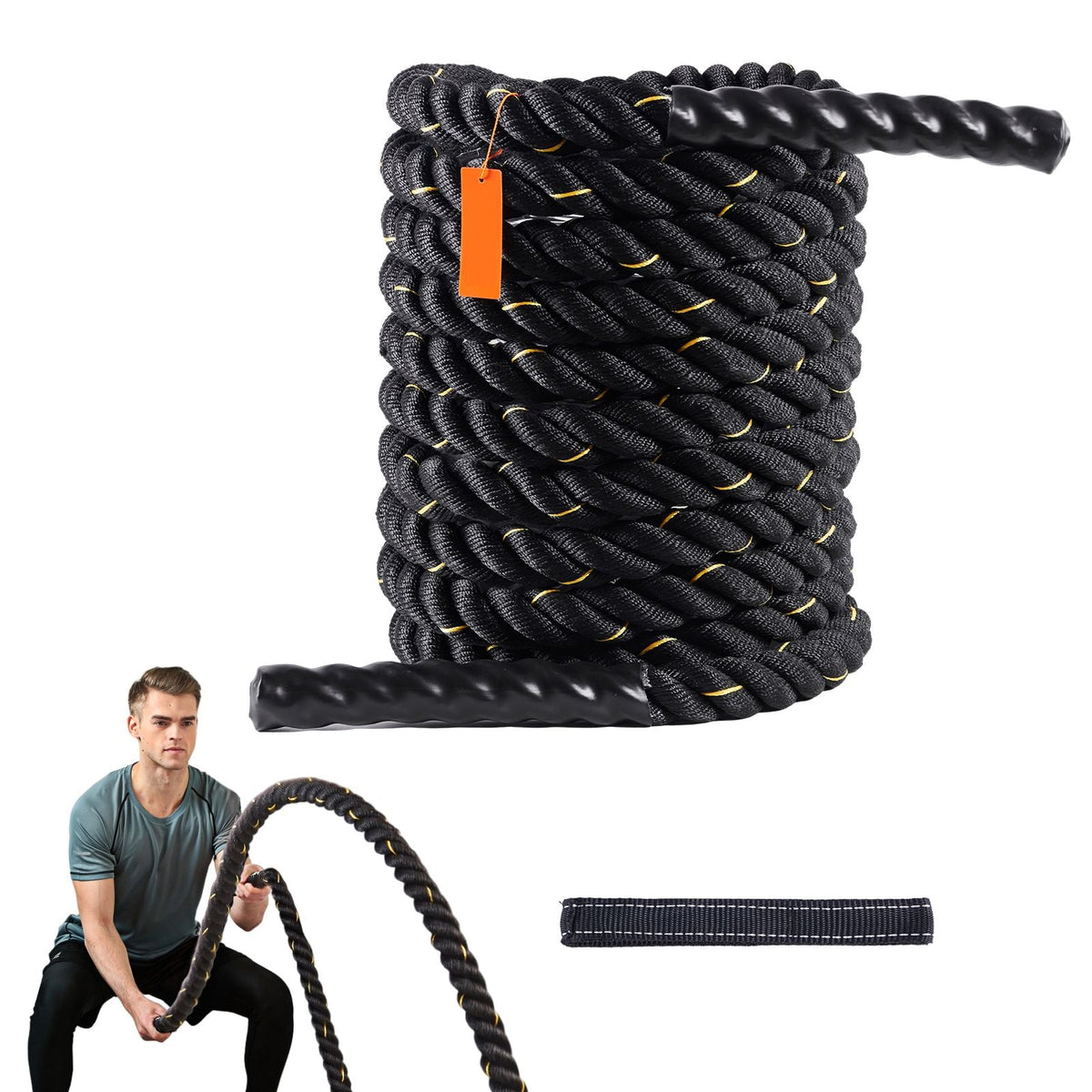 Battle Rope, 1.5 Inch Diameter 30Ft Length Polyester Exercise Rope, Battle Exercise Equipment, Heavy Weighted Rope for Home Gym Body Workout Core Strength Training Muscle Building Fitness