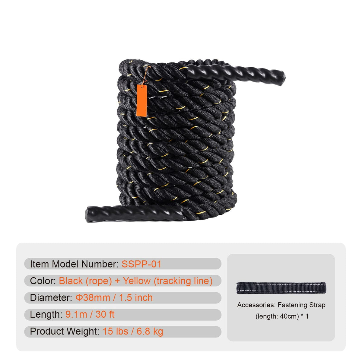 Battle Rope, 1.5 Inch Diameter 30Ft Length Polyester Exercise Rope, Battle Exercise Equipment, Heavy Weighted Rope for Home Gym Body Workout Core Strength Training Muscle Building Fitness
