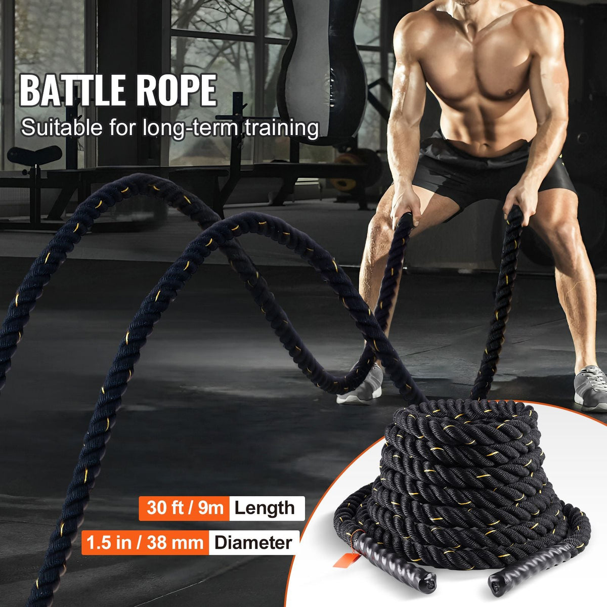 Battle Rope, 1.5 Inch Diameter 30Ft Length Polyester Exercise Rope, Battle Exercise Equipment, Heavy Weighted Rope for Home Gym Body Workout Core Strength Training Muscle Building Fitness