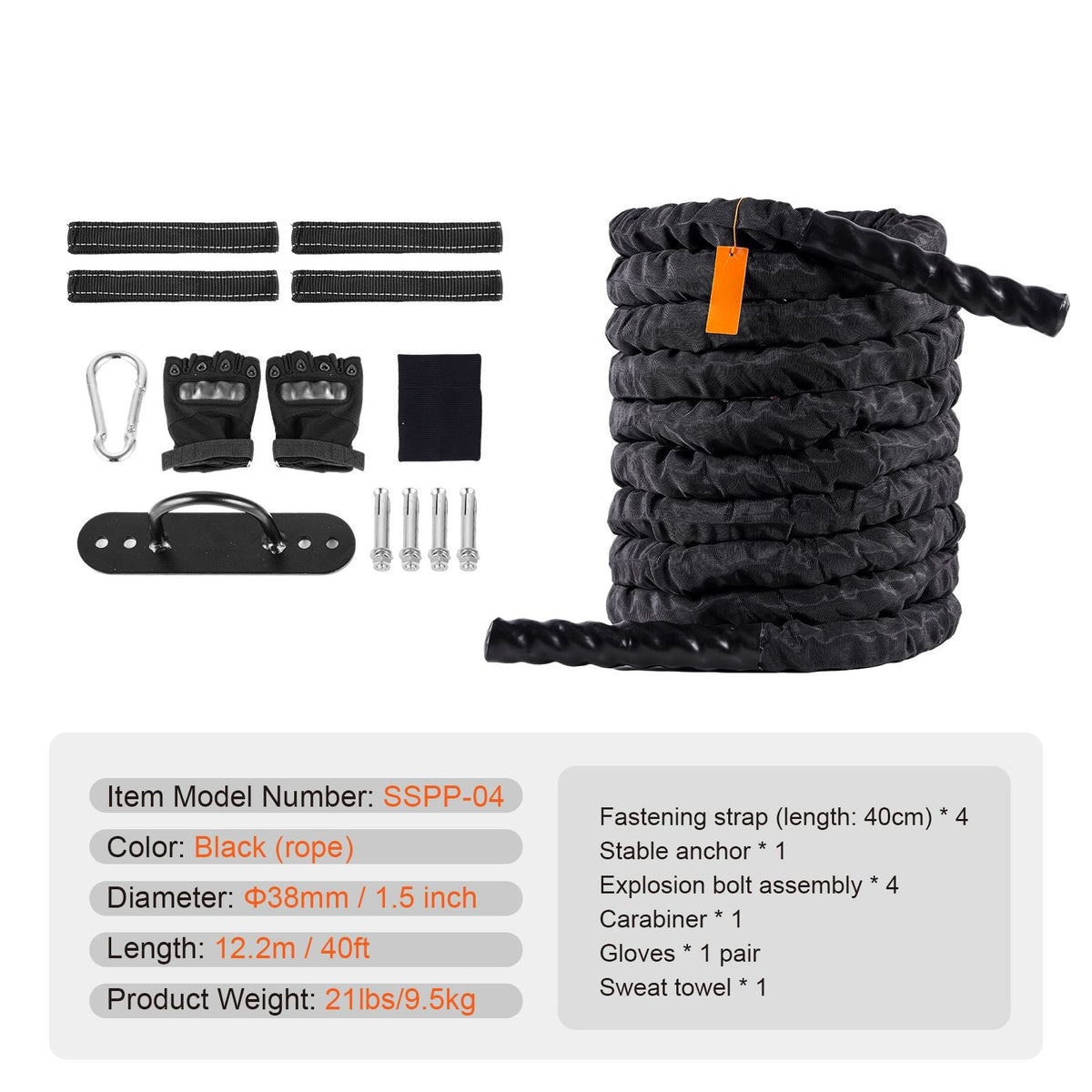 Battle Rope, 1.5 Inch Diameter 40Ft Length Polyester Exercise Rope, Battle Exercise Equipment with Protective Sleeve & Anchor, Heavy Weighted Rope for Home Gym Workout Core Strength Training