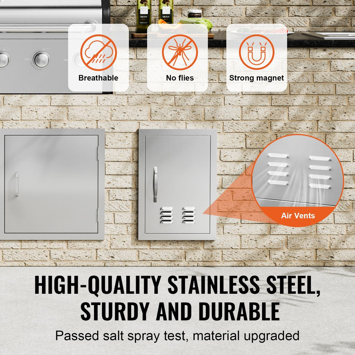 BBQ Access Door, 14W x 20H Inch Single Outdoor Kitchen Door, Stainless Steel Flush Mount Door, Wall Vertical Door with Handle and vents, for BBQ Island, Grilling Station, Outside Cabinet