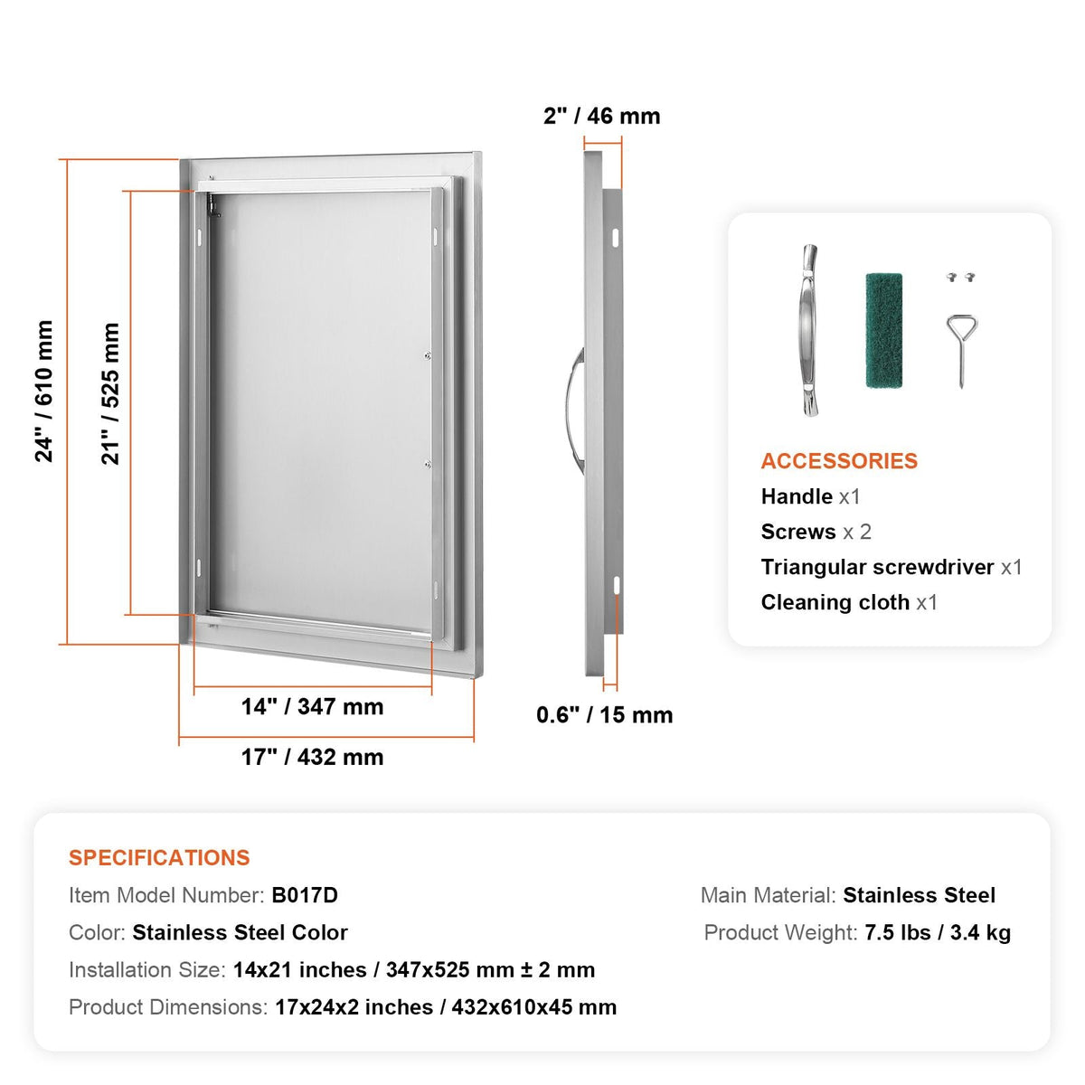 BBQ Access Door, 17W x 24H Inch Single Outdoor Kitchen Door, Stainless Steel Flush Mount Door, Wall Vertical Door with Handle, for BBQ Island, Grilling Station, Outside Cabinet