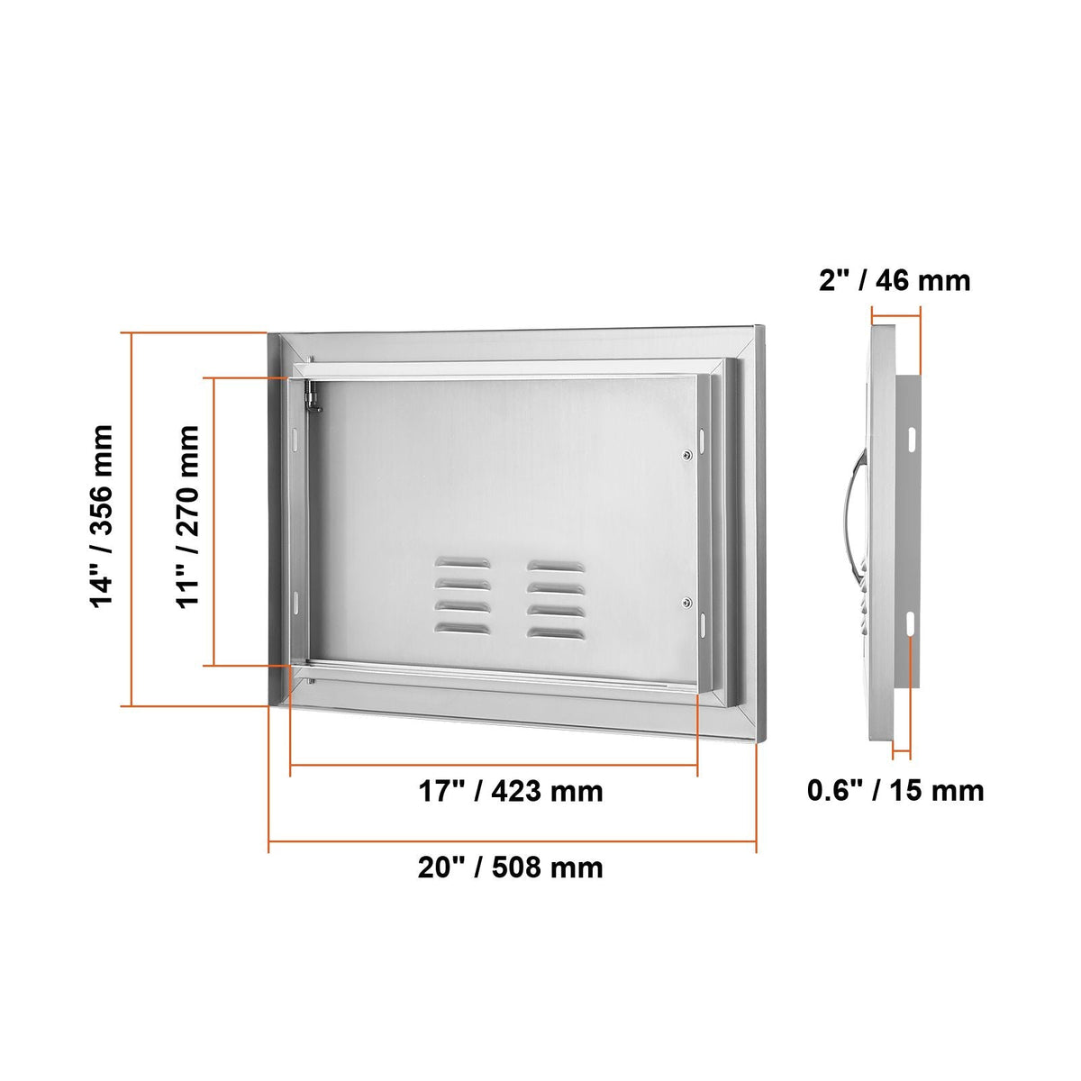 BBQ Access Door, 20W x 14H Inch Single Outdoor Kitchen Door, Stainless Steel Flush Mount Door, Wall Vertical Door with Handle and vents, for BBQ Island, Grilling Station, Outside Cabinet