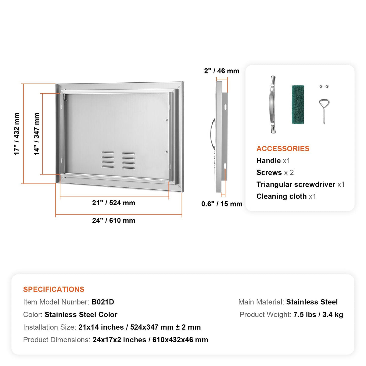 BBQ Access Door, 24W x 17H Inch Single Outdoor Kitchen Door, Stainless Steel Flush Mount Door, Wall Vertical Door with Handle and vents, for BBQ Island, Grilling Station, Outside Cabinet