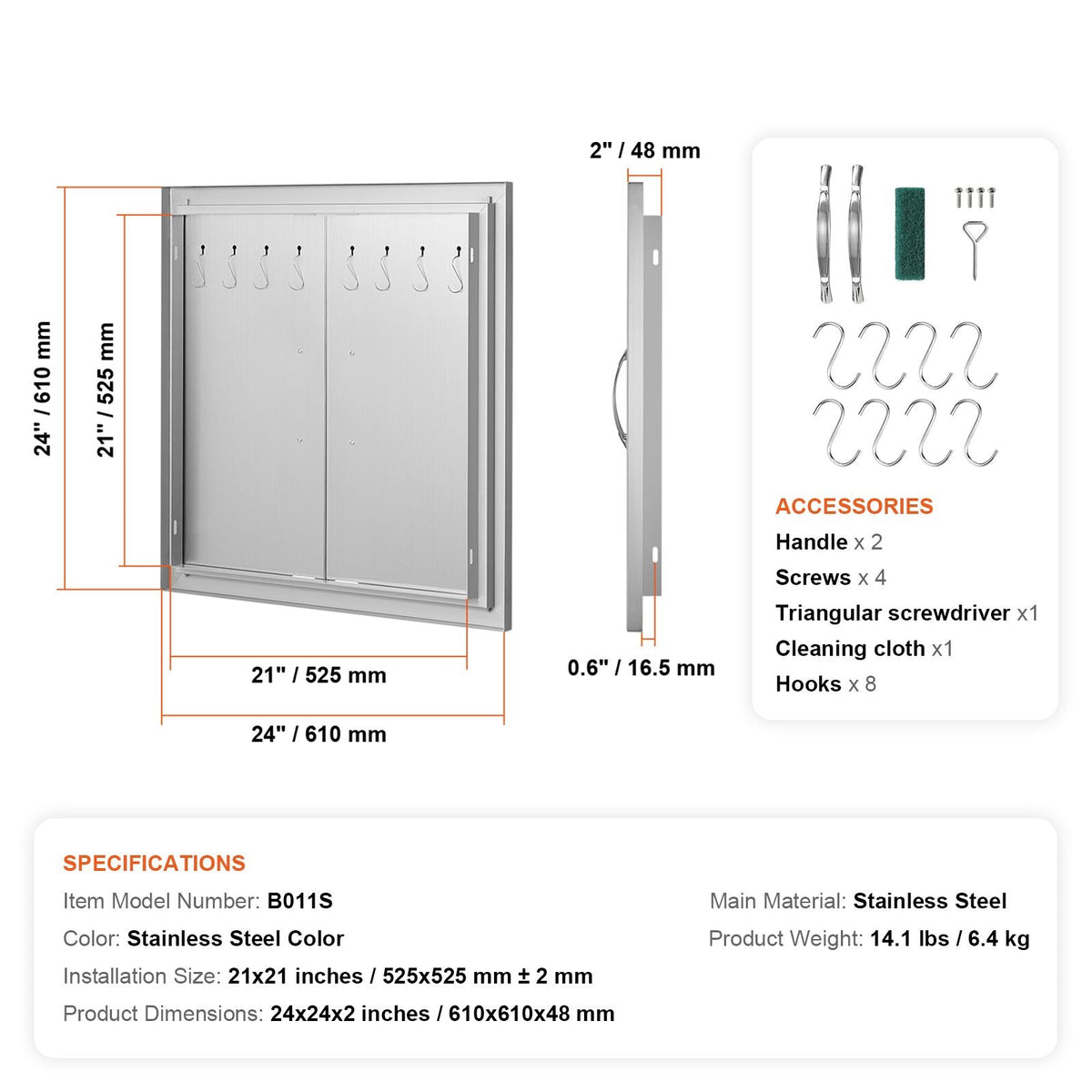 BBQ Access Door, 24W x 24H Inch Double Outdoor Kitchen Door, Stainless Steel Flush Mount Door, Double Wall Vertical Door with Handles and Hooks, for BBQ Island, Grilling Station, Outside Cabinet