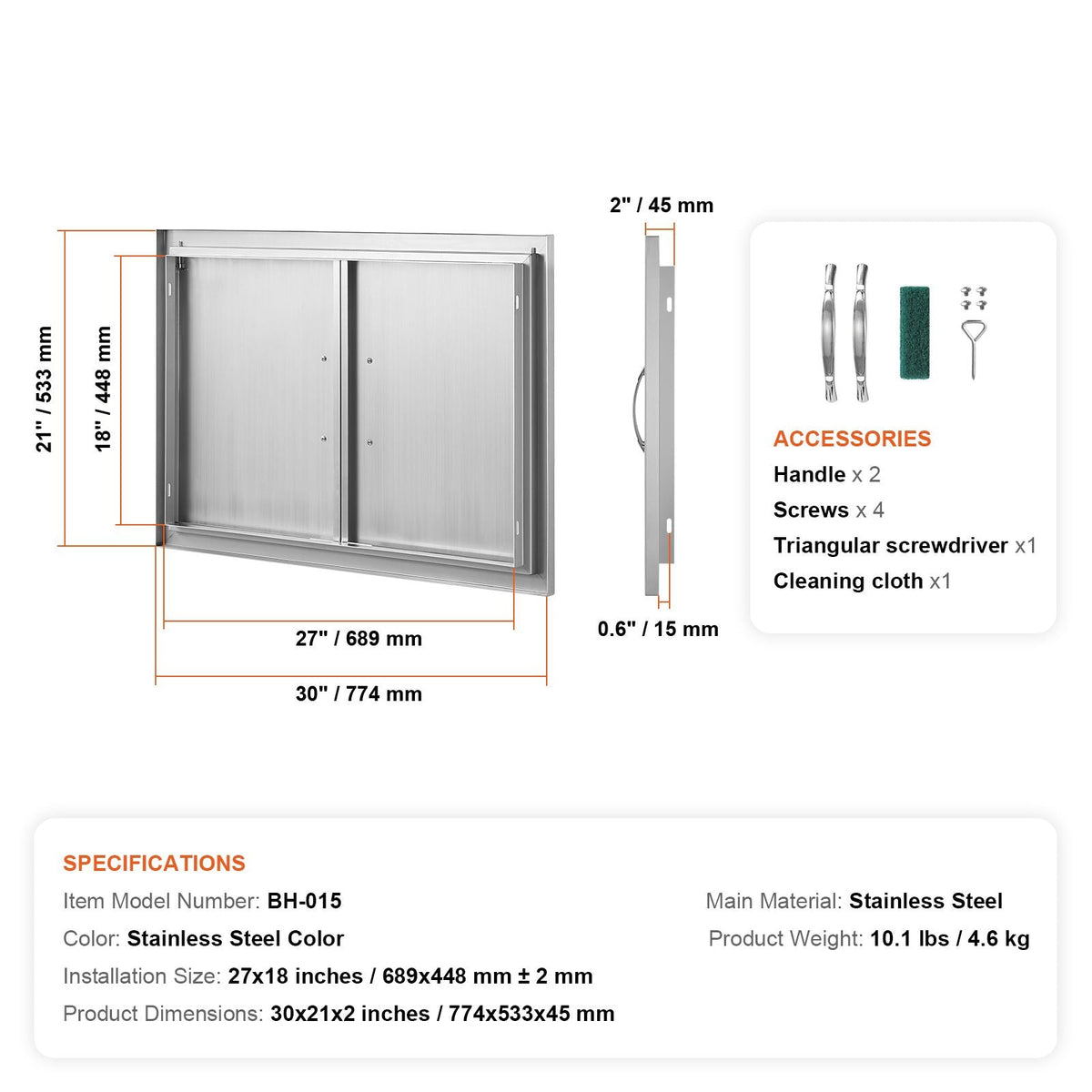 BBQ Access Door, 30W x 21H Inch Double Outdoor Kitchen Door, Stainless Steel Flush Mount Door, Wall Vertical Door with Handles, for BBQ Island, Grilling Station, Outside Cabinet