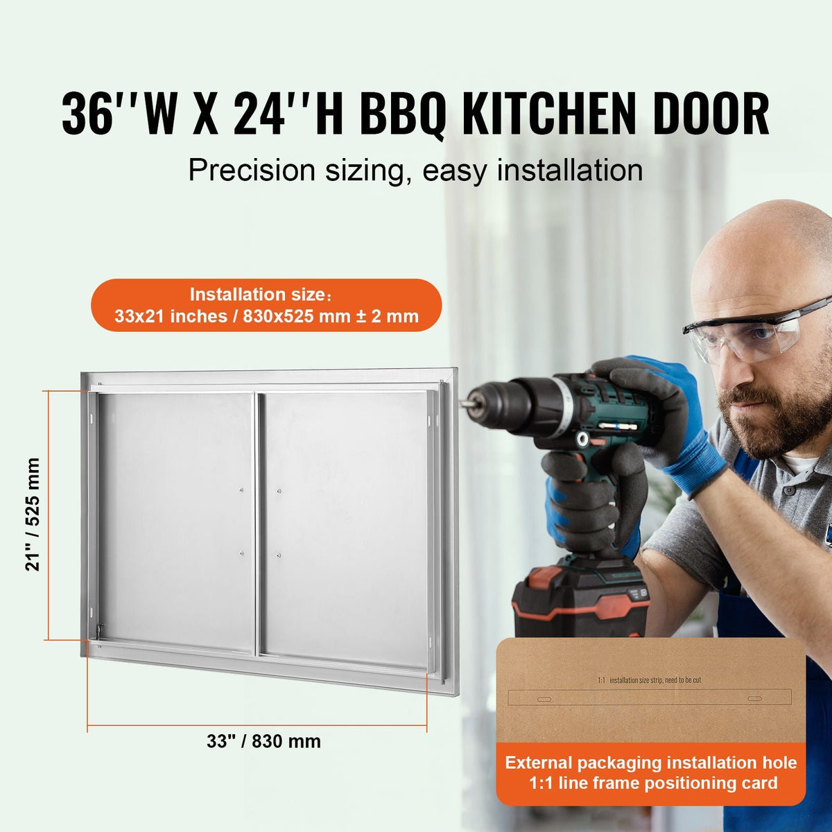 BBQ Access Door, 36W x 24H Inch Double Outdoor Kitchen Door, Stainless Steel Flush Mount Door, Wall Vertical Door with Handles, for BBQ Island, Grilling Station, Outside Cabinet