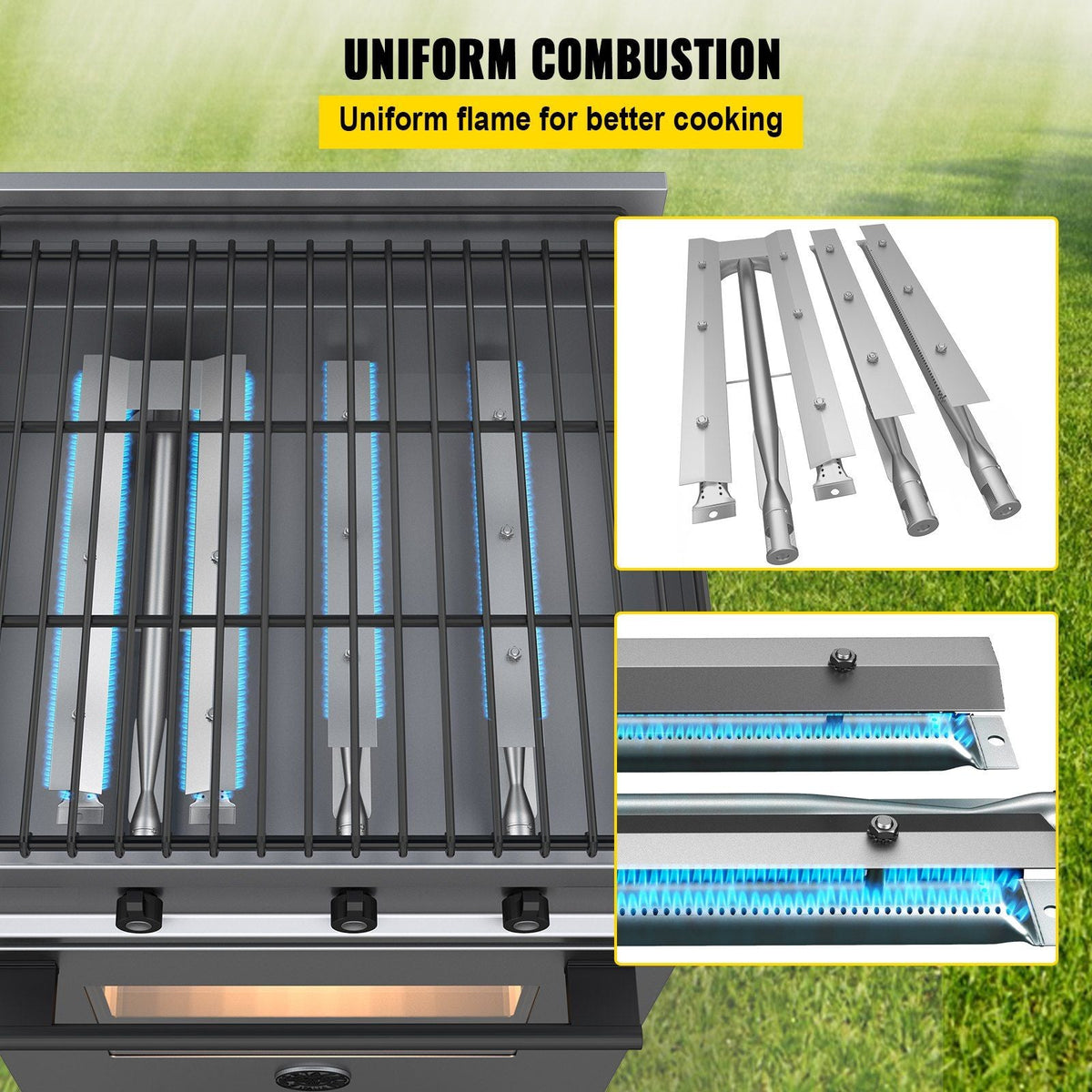 BBQ Burners Replacement, Stainless Steel Burner Grill Part Kit, 3 Packs BBQ Burners Replacement, Grill Burner Replacement with Air Flap Barbecue Replacement Parts with Evenly Burning for Gas Gri