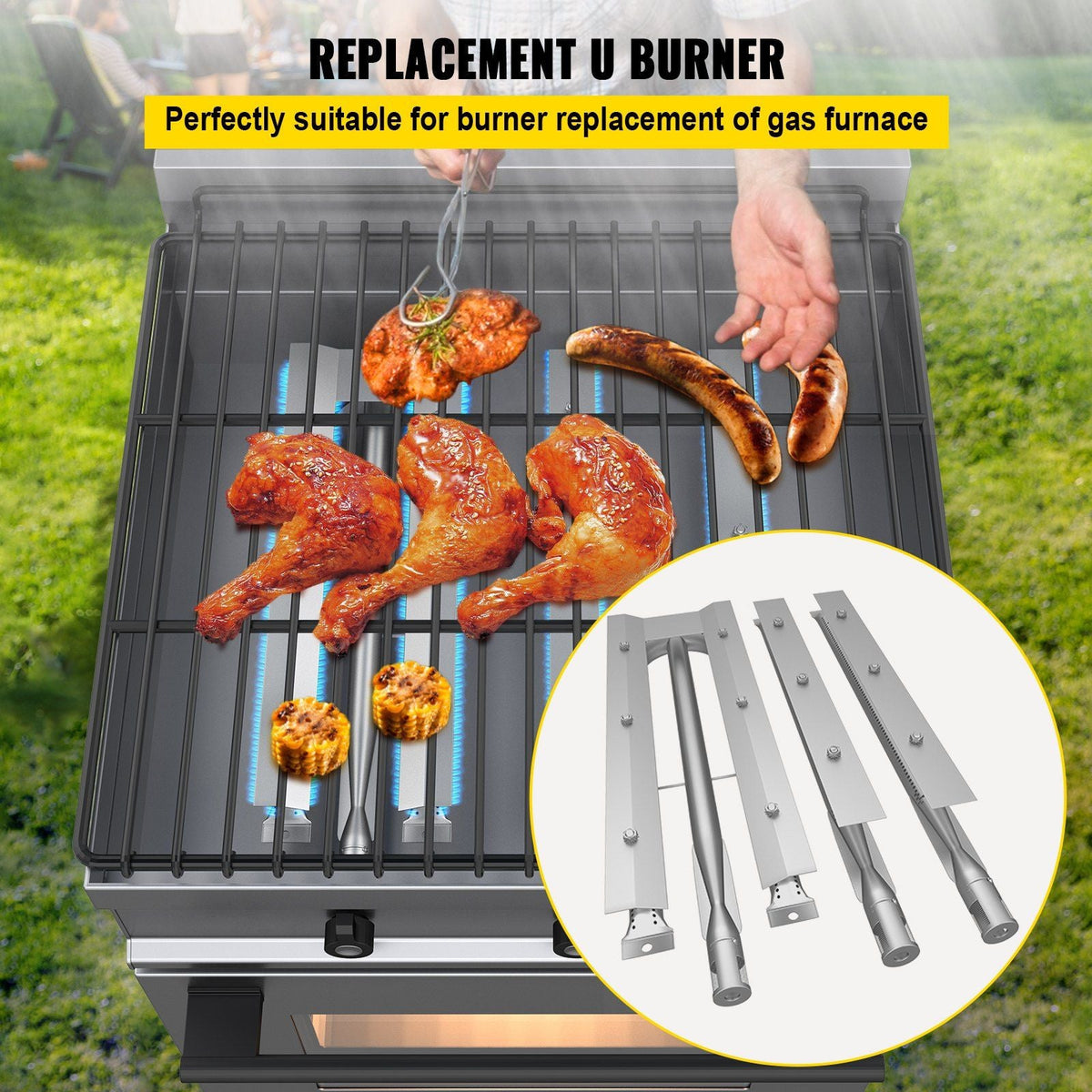 BBQ Burners Replacement, Stainless Steel Burner Grill Part Kit, 3 Packs BBQ Burners Replacement, Grill Burner Replacement with Air Flap Barbecue Replacement Parts with Evenly Burning for Gas Gri