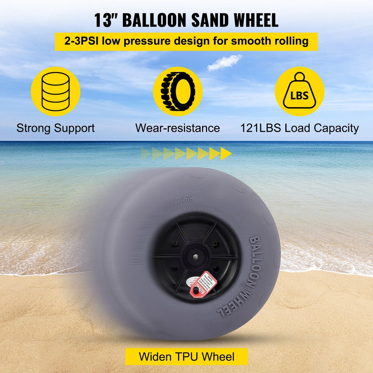 Beach Balloon Wheels, 13\" Replacement Sand Tires with 32\" Stainless Steel Axle, TPU Cart Tires for Kayak Dolly, Canoe Cart and Buggy with Free Air Pump, 2-Pack