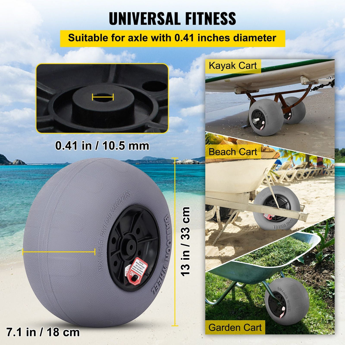 Beach Balloon Wheels, 13\" Replacement Sand Tires with 32\" Stainless Steel Axle, TPU Cart Tires for Kayak Dolly, Canoe Cart and Buggy with Free Air Pump, 2-Pack