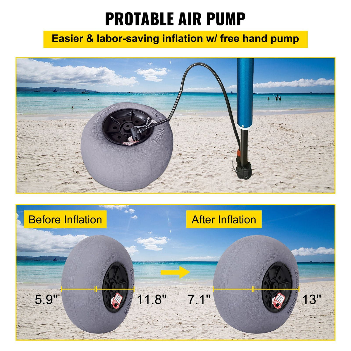 Beach Balloon Wheels, 13\" Replacement Sand Tires with 32\" Stainless Steel Axle, TPU Cart Tires for Kayak Dolly, Canoe Cart and Buggy with Free Air Pump, 2-Pack