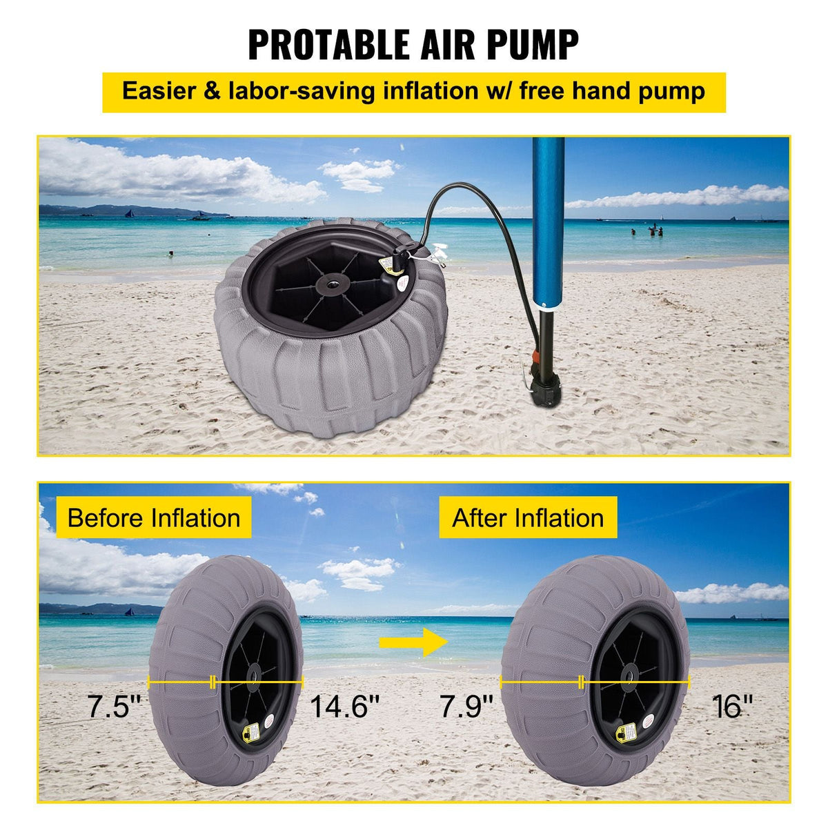 Beach Balloon Wheels, 16" Replacement Sand Tires, TPU Cart Tires for Kayak Dolly, Canoe Cart and Buggy with Free Air Pump, 2-Pack