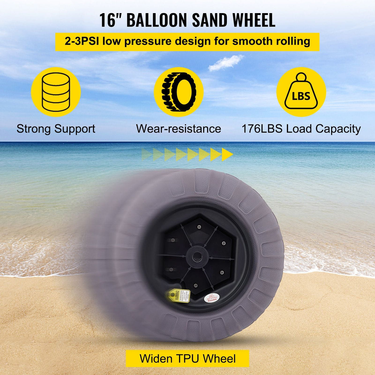 Beach Balloon Wheels, 16" Replacement Sand Tires, TPU Cart Tires for Kayak Dolly, Canoe Cart and Buggy with Free Air Pump, 2-Pack
