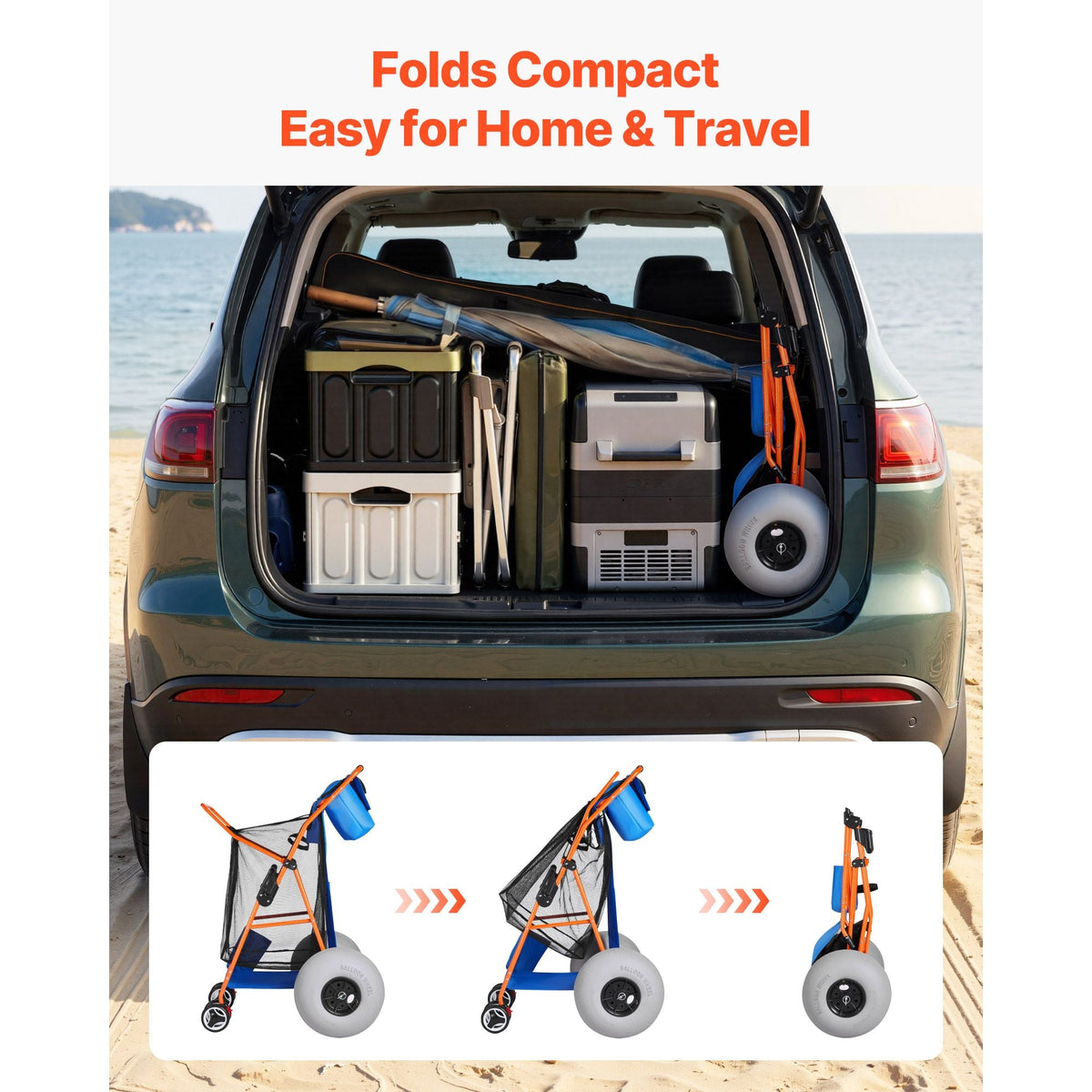 Beach Cart with Large Wheels for Sand, 165 lbs Load Capacity, Heavy Duty Folding Beach Wagon with 12" Balloon Wheels, Insulated Cooler Bag, Umbrella Holder, Holds 4 Chairs for Camping & Fishing